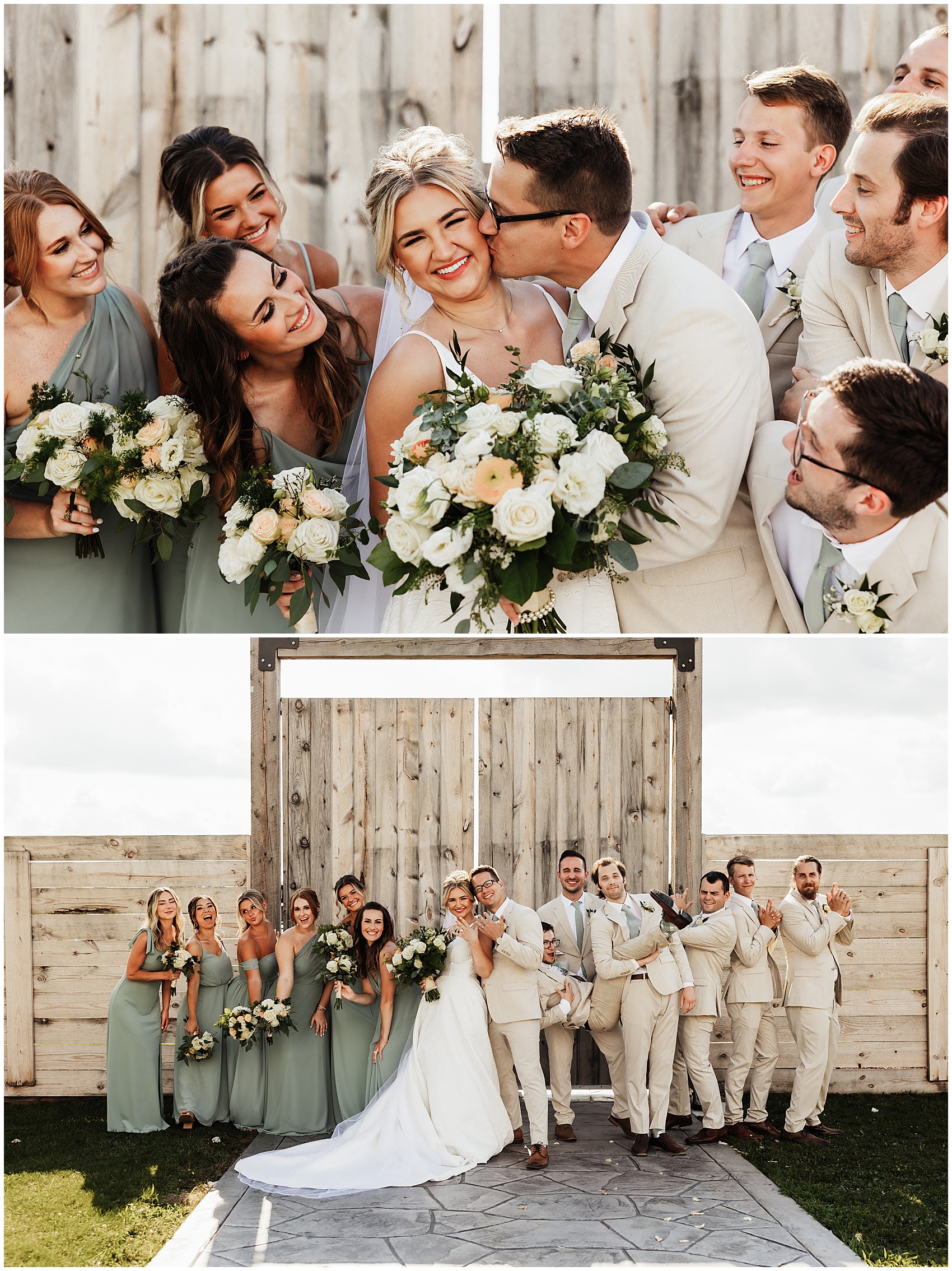 A groom kisses his bride while standing by a large gate surrounded by their bridesmaids and groomsmen