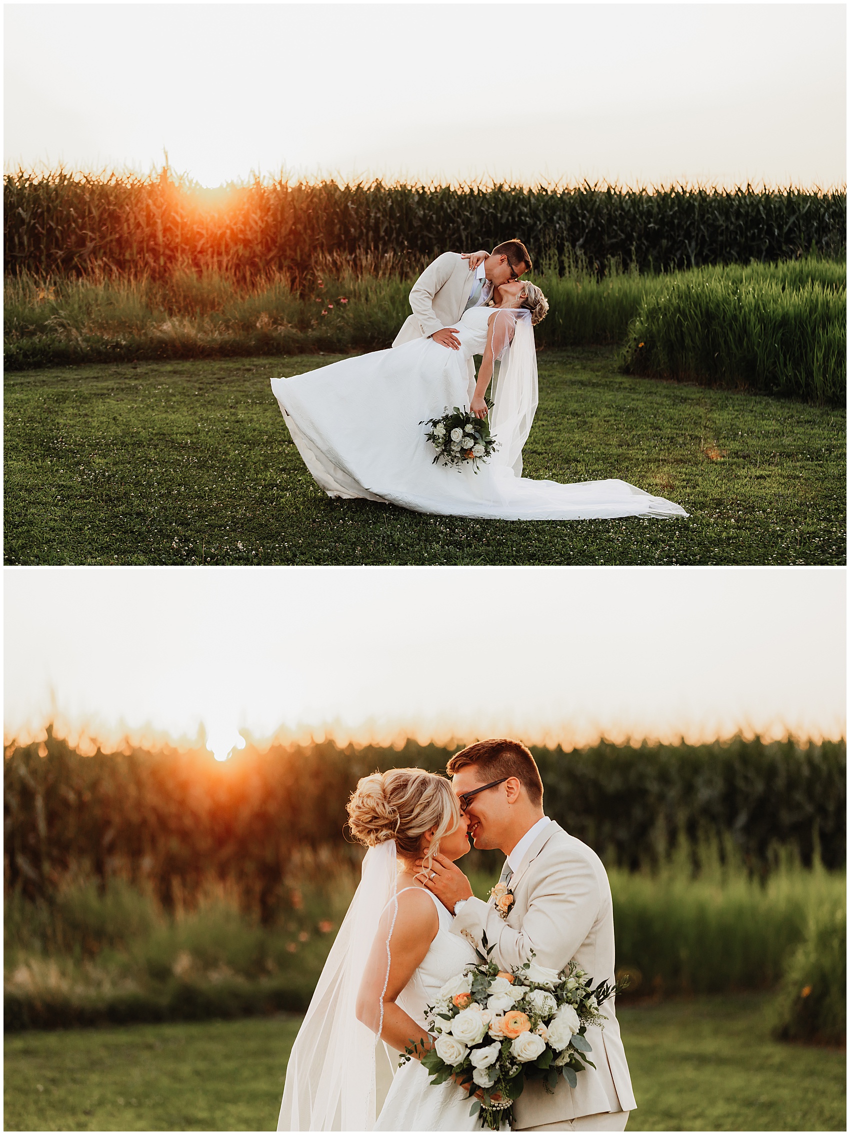 A bride and groom kiss and dip at sunset on the edge of a cornfield