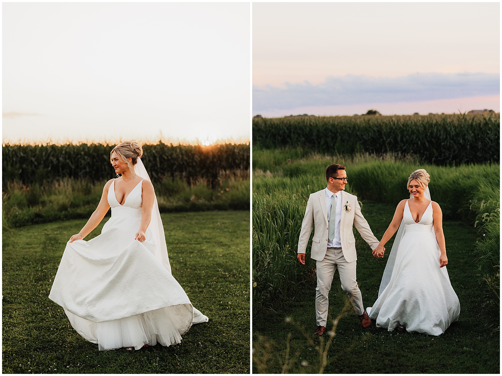 Newlyweds walk down a trail lined with tall grass and corn holding hands