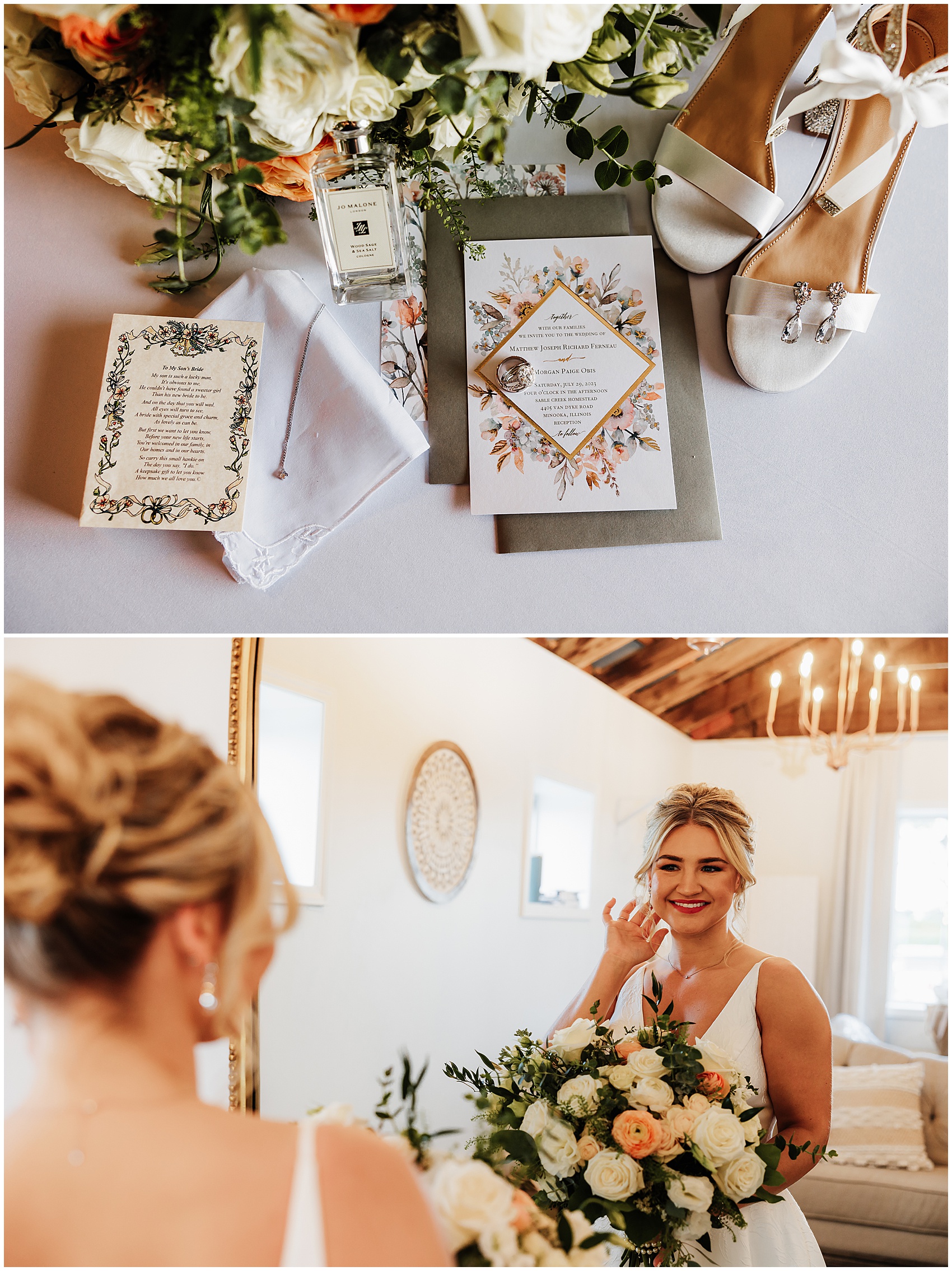 A bride holds her bouquet and adjusts her earrings in a mirror