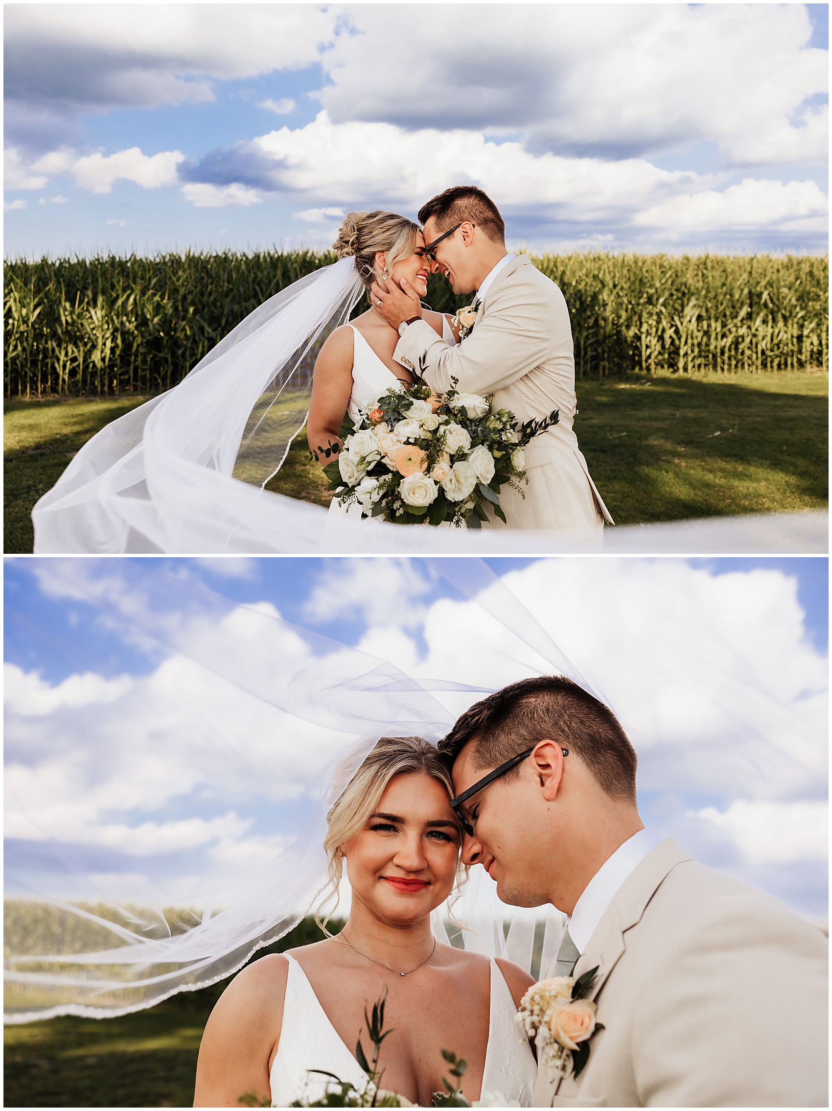 Newlyweds lean in for a kiss under the veil at their cornfield wedding
