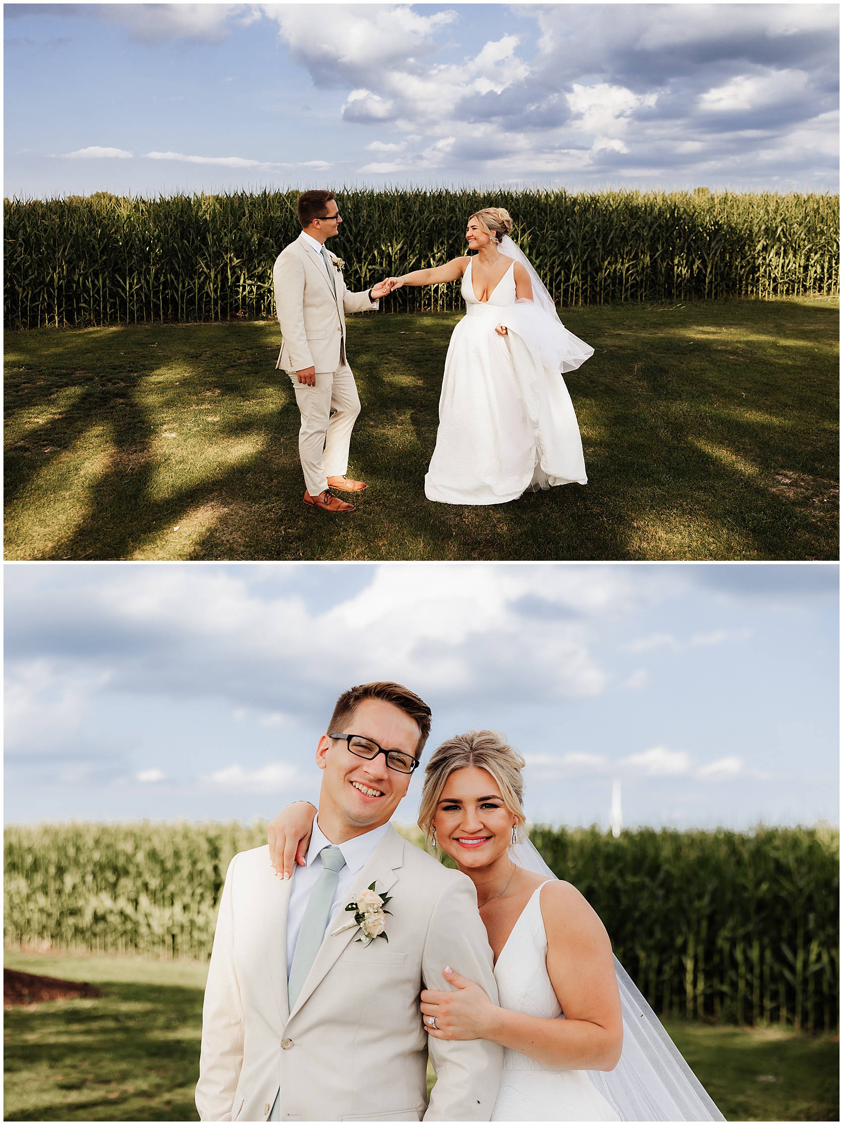 Newlyweds embrace and dance by a cornfield at a sable creek homestead wedding