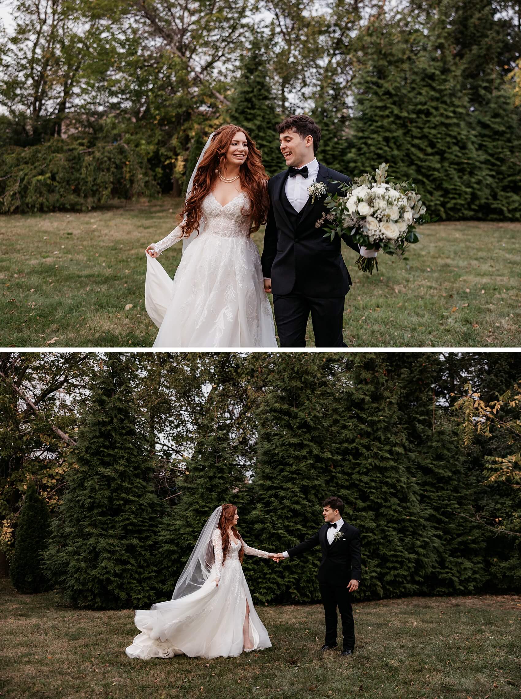 A bride and groom walk holding hands and laughing in a lawn at sunset as groom holds white bouquet