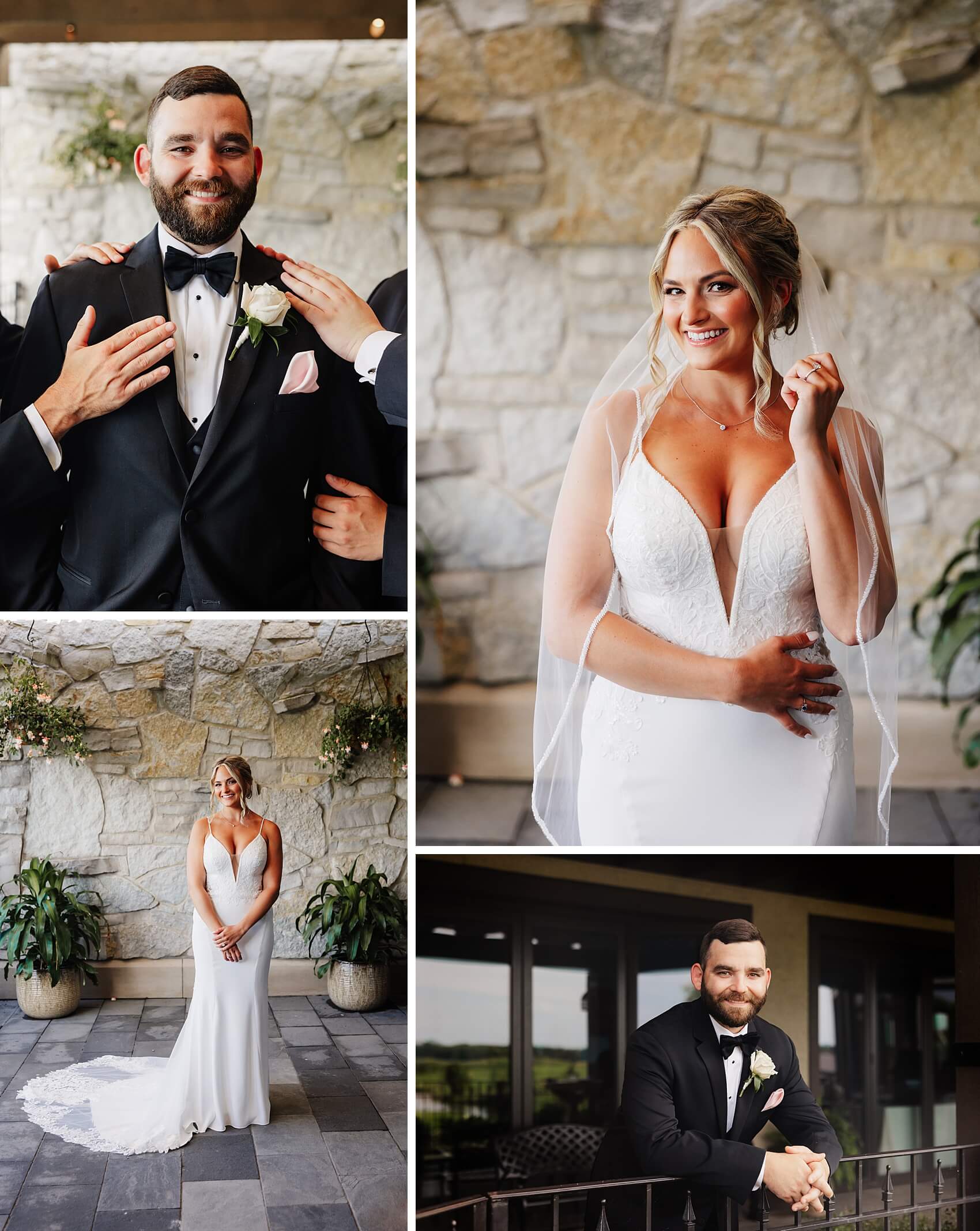 A happy bride smiles in her gown on a patio next to her groom smiling with hands on his chest and shoulders and leaning on railing