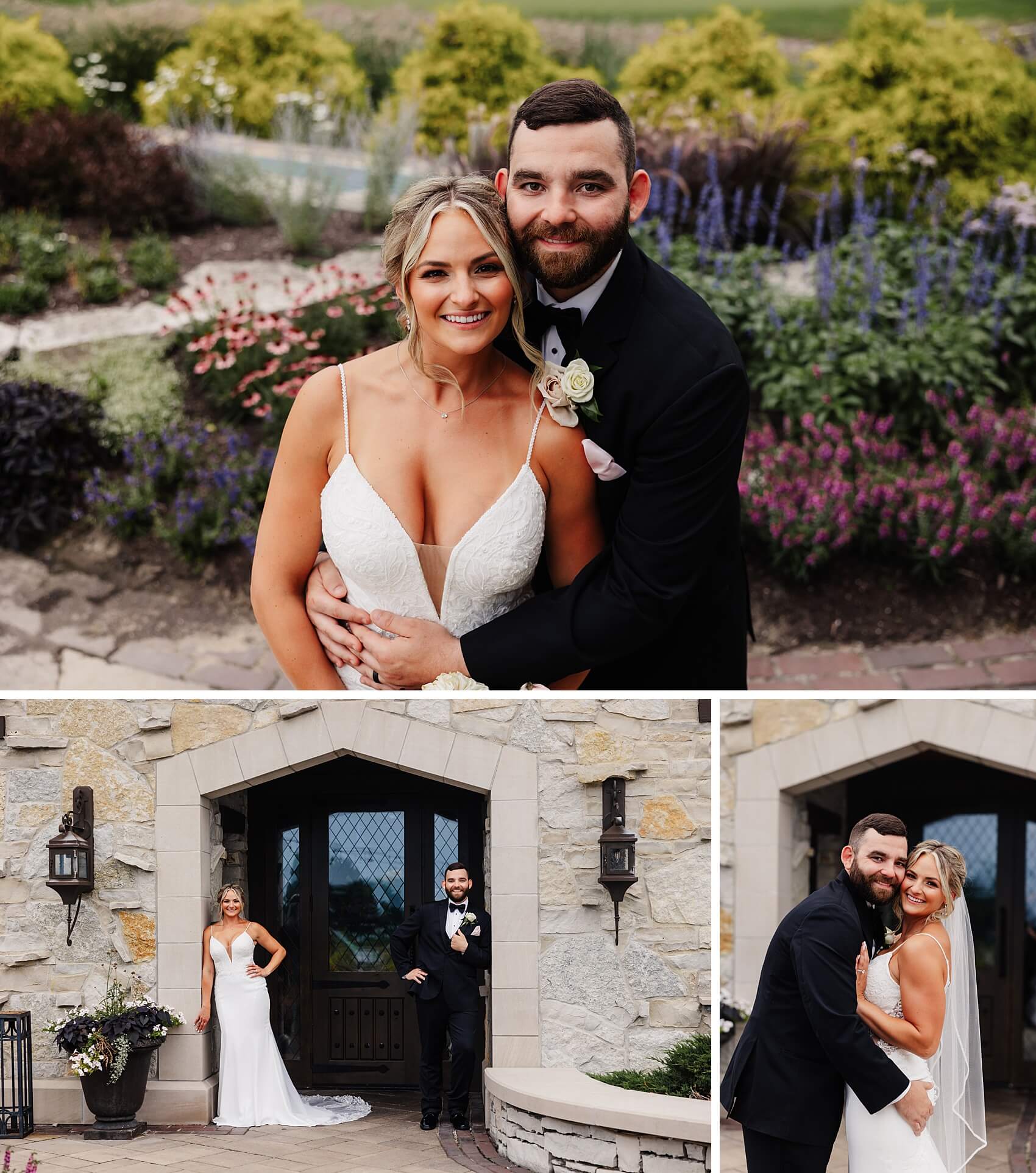 Happy bride and groom smile big in the gardens while hugging and leaning in the entryway
